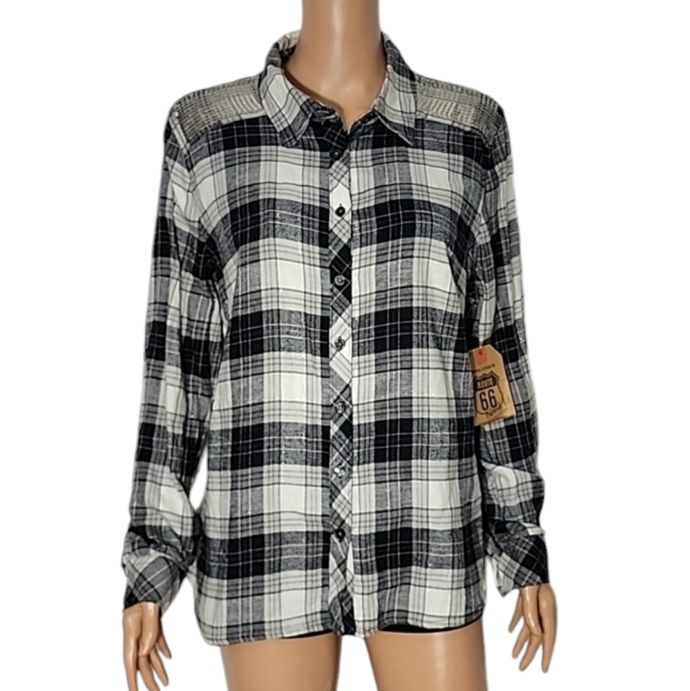 Route 66 Button Up Flannel Long Sleeves Plaid black/White‎ Shirt Sequin Size XL